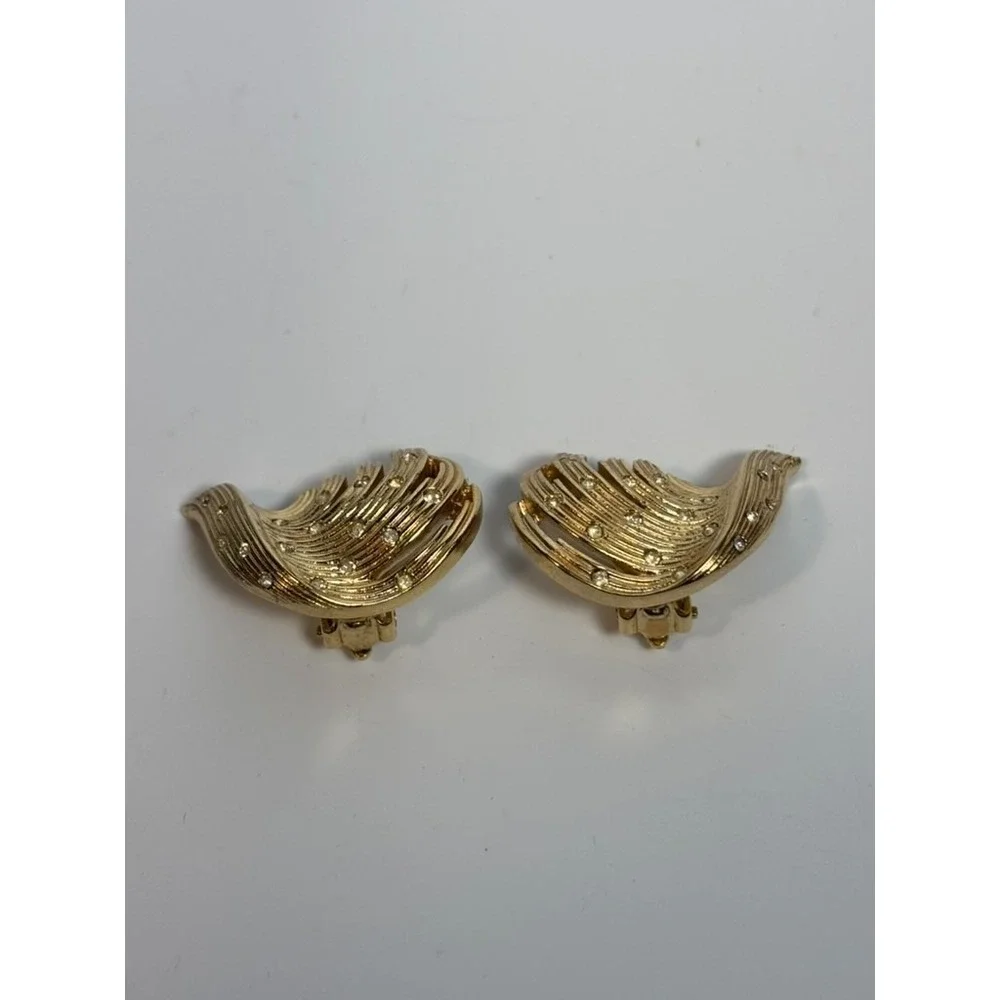 Earrings Statement‎ Pieces Vintage Elegant Gold Tone Rhinestone Feather